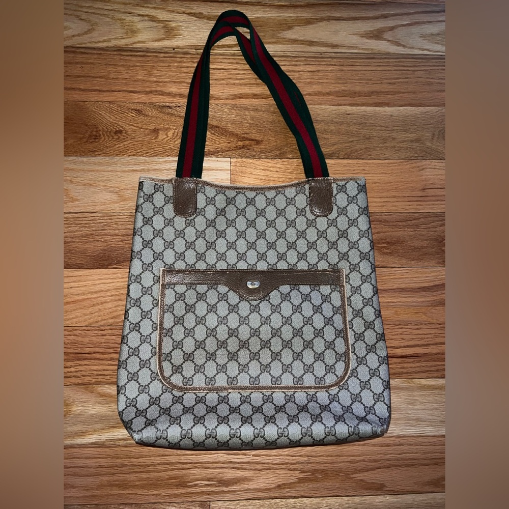 Gucci Brown Tote Bag with Monogram GG Pattern and Leather Trim